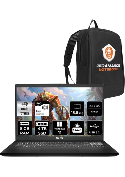 Msı Modern 15 Intel Core I5 1335U 8gb 4tb SSD 15.6" Fhd W11H Taşınabilir Bilgisayar & Per4 Çanta F13MG031XTRP355