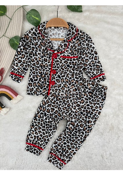 Leopar Desenli Düğmeli Kız Bebek/çocuk Pijama Ikili Takım