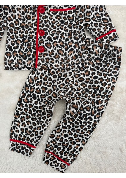 Leopar Desenli Düğmeli Kız Bebek/çocuk Pijama Ikili Takım modelleri