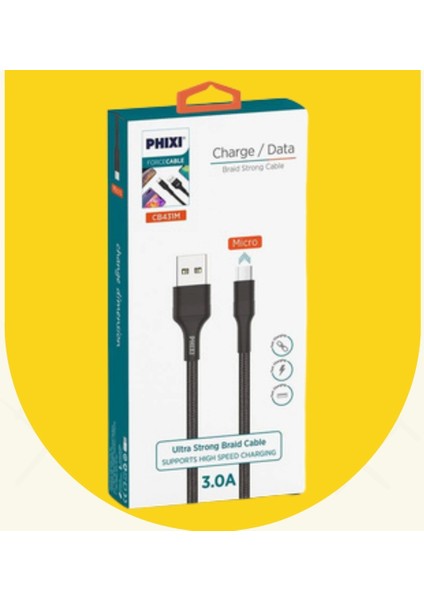 CB431M Hasır Örgü ve Güçlendirilmiş Silikon Başlıklı Micro USB Hızlı Şarj ve Data Kablosu