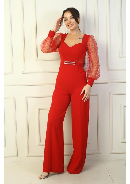 Kadın Kalp Yaka Beli Kemerli Kolları Tül Kare Sim Detaylı Palazzo Tulum