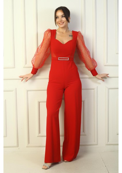 Kadın Kalp Yaka Beli Kemerli Kolları Tül Kare Sim Detaylı Palazzo Tulum fiyatları