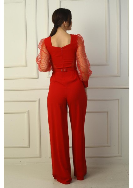 Kadın Kalp Yaka Beli Kemerli Kolları Tül Kare Sim Detaylı Palazzo Tulum fırsatları