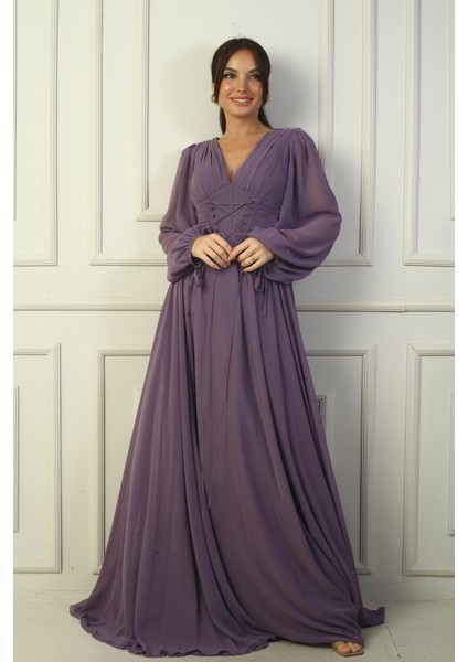 Önden Bağcıklı Balenli Astarlı Uzun Şifon Elbise