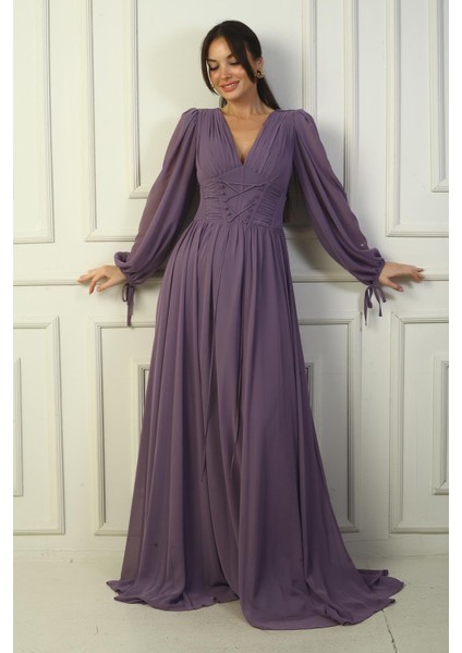 Önden Bağcıklı Balenli Astarlı Uzun Şifon Elbise modelleri