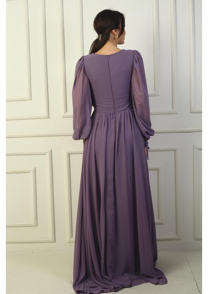 Önden Bağcıklı Balenli Astarlı Uzun Şifon Elbise fırsatları