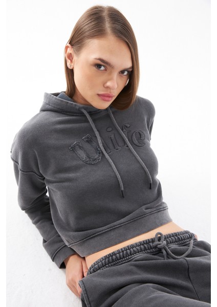 Kadın/kapüşonlu /uzun Kol /yıkama Efektli /ön Aplike Nakışlı /crop Sweatshirt fırsatları