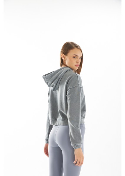 Kadın/kapüşonlu /uzun Kol /yıkama Efektli /ön Aplike Nakışlı /crop Sweatshirt