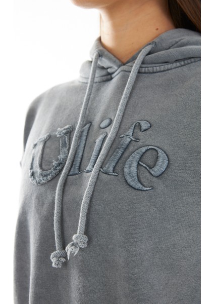 Kadın/kapüşonlu /uzun Kol /yıkama Efektli /ön Aplike Nakışlı /crop Sweatshirt indirimleri