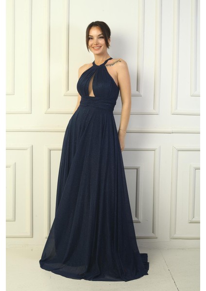 Kadın Halter Yaka Göğüs Pliseli Boyundan Bağlamalı Astarlı Uzun Simli Abiye Elbise fiyatları