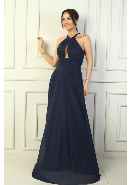 Kadın Halter Yaka Göğüs Pliseli Boyundan Bağlamalı Astarlı Uzun Simli Abiye Elbise modelleri