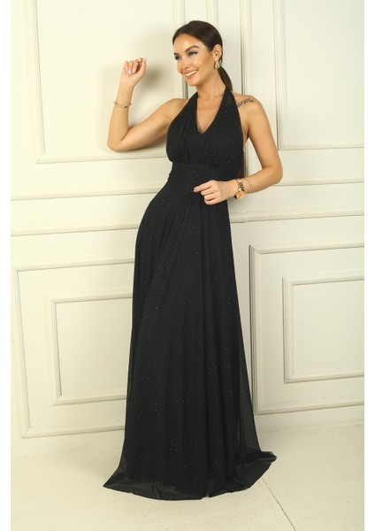 Boyundan Bağlamalı Taş Yapıştırmalı Astarlı Uzun Tül Elbise fiyatları