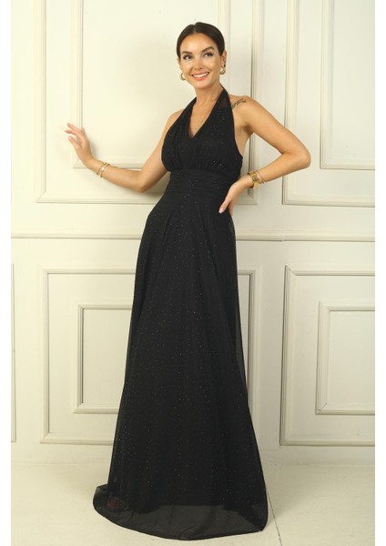 Boyundan Bağlamalı Taş Yapıştırmalı Astarlı Uzun Tül Elbise modelleri