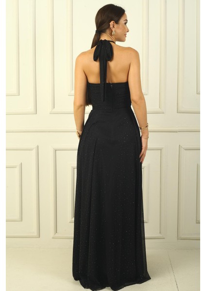 Boyundan Bağlamalı Taş Yapıştırmalı Astarlı Uzun Tül Elbise fırsatları