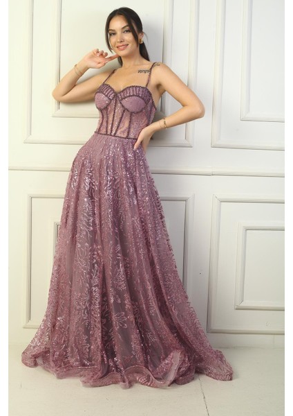 Kadın Ip Askılı Boncuk Detaylı Pul Işlemeli Astarlı Uzun Abiye Elbise