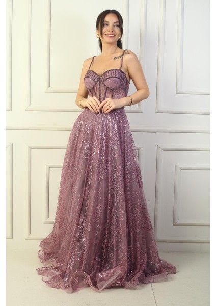 Kadın Ip Askılı Boncuk Detaylı Pul Işlemeli Astarlı Uzun Abiye Elbise modelleri