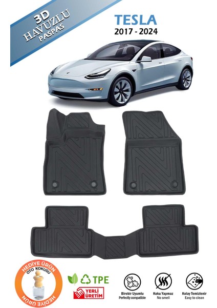 Havuzlu 3D Siyah Paspas Takımı, TESLA-2017-2024, 3D Havuzlu Paspas, Hediyearaç Kokusu