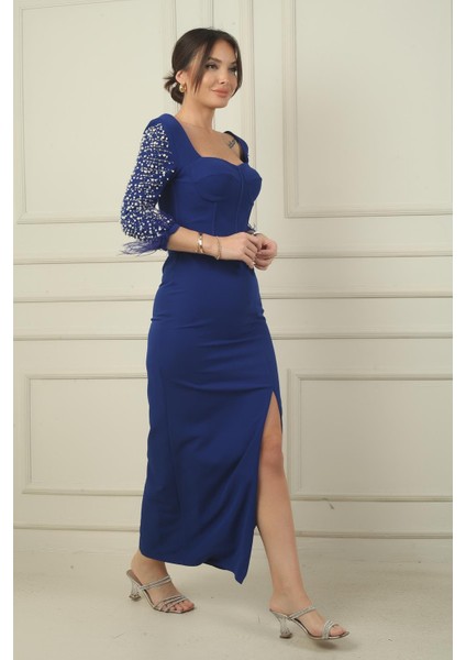 Kadın Kalp Yaka Beli Tokalı Kolları Taş Işlemeli Yırtmaçlı Uzun Krep Elbise modelleri