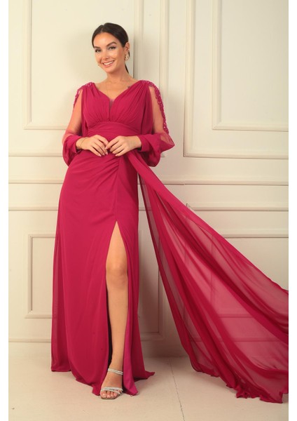 V Yaka Önü Drapeli Astarlı Kolları Tül Güpür Detaylı Geniş Beden Aralıklı Şifon Uzun Elbise