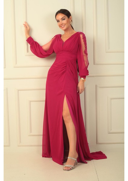 V Yaka Önü Drapeli Astarlı Kolları Tül Güpür Detaylı Geniş Beden Aralıklı Şifon Uzun Elbise fiyatları