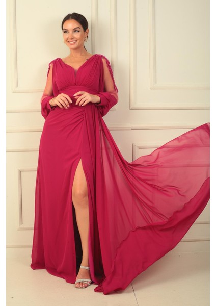 V Yaka Önü Drapeli Astarlı Kolları Tül Güpür Detaylı Geniş Beden Aralıklı Şifon Uzun Elbise modelleri