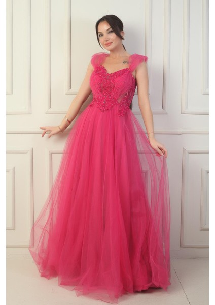 Kadın Ön Arka V Yaka Astarlı Düşük Kollu Üstü Aplike Işleme Prenses Abiye Elbise