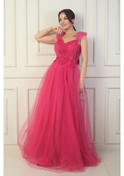 Kadın Ön Arka V Yaka Astarlı Düşük Kollu Üstü Aplike Işleme Prenses Abiye Elbise fiyatları