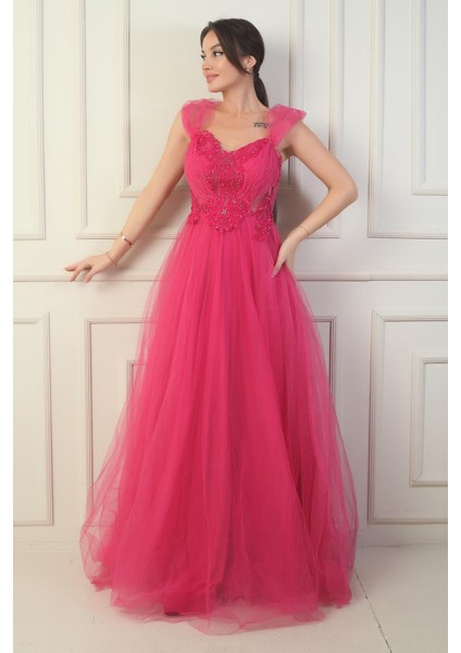 Kadın Ön Arka V Yaka Astarlı Düşük Kollu Üstü Aplike Işleme Prenses Abiye Elbise modelleri