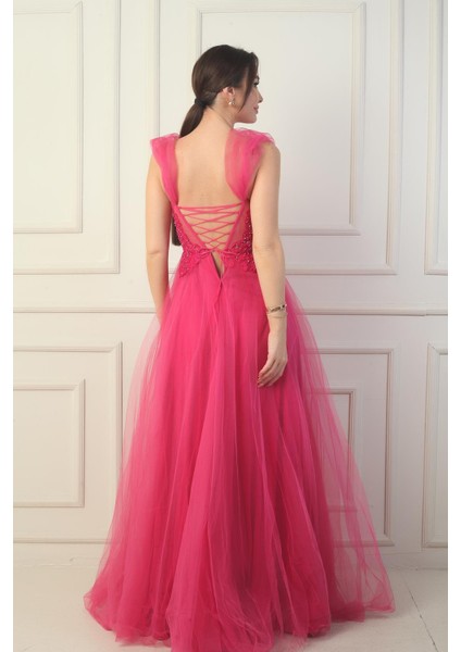 Kadın Ön Arka V Yaka Astarlı Düşük Kollu Üstü Aplike Işleme Prenses Abiye Elbise fırsatları