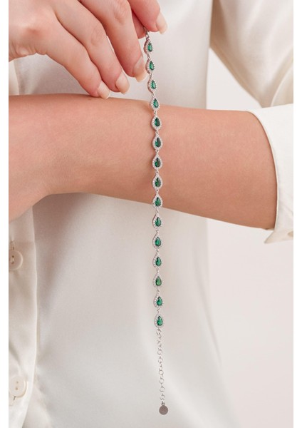 Gümüş Damla Model Yeşil Zirkon Taşlı Su Yolu Bileklik