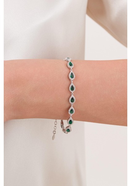 Gümüş Damla Model Yeşil Zirkon Taşlı Su Yolu Bileklik fiyatları