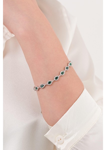 Gümüş Damla Model Yeşil Zirkon Taşlı Su Yolu Bileklik modelleri
