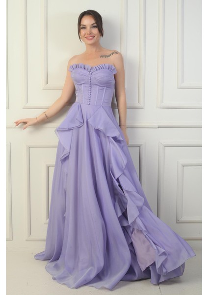 Kadın Straplez Önü Düğmeli Arkası Bağcıklı Eteği Fırfırlın Uzun Abiye Elbise fiyatları