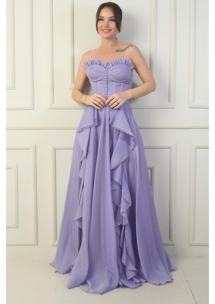 Kadın Straplez Önü Düğmeli Arkası Bağcıklı Eteği Fırfırlın Uzun Abiye Elbise modelleri