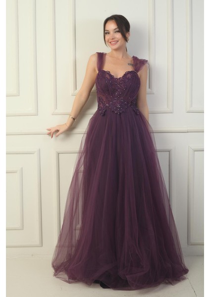 Kadın Ön Arka V Yaka Astarlı Düşük Kollu Üstü Aplike Işleme Prenses Abiye Elbise