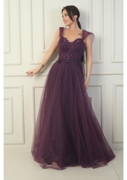 Kadın Ön Arka V Yaka Astarlı Düşük Kollu Üstü Aplike Işleme Prenses Abiye Elbise fiyatları