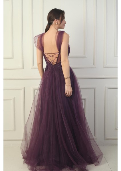 Kadın Ön Arka V Yaka Astarlı Düşük Kollu Üstü Aplike Işleme Prenses Abiye Elbise fırsatları