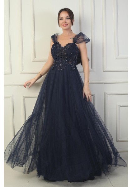 Kadın Ön Arka V Yaka Astarlı Düşük Kollu Üstü Aplike Işleme Prenses Abiye Elbise