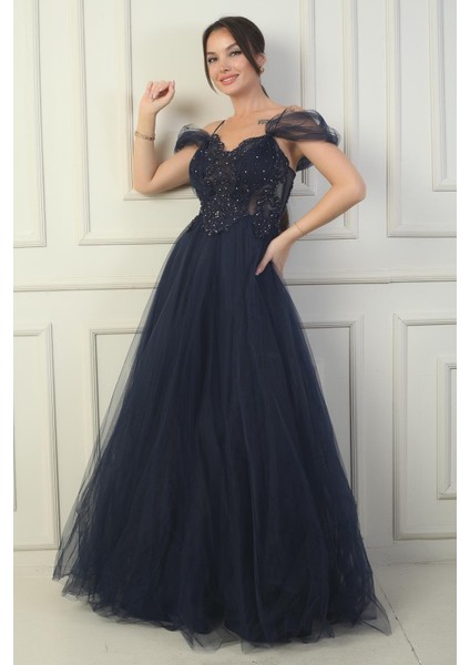 Kadın Ön Arka V Yaka Astarlı Düşük Kollu Üstü Aplike Işleme Prenses Abiye Elbise fiyatları