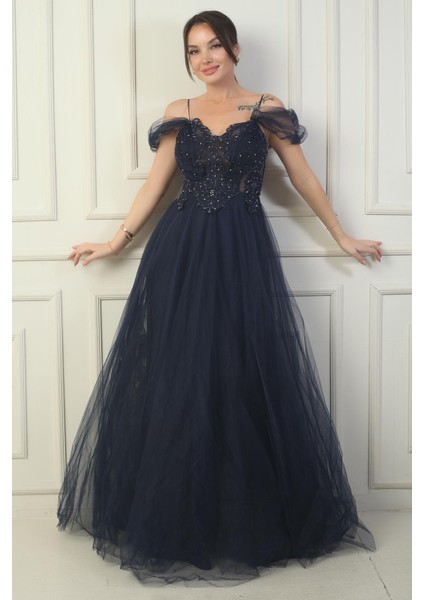 Kadın Ön Arka V Yaka Astarlı Düşük Kollu Üstü Aplike Işleme Prenses Abiye Elbise modelleri