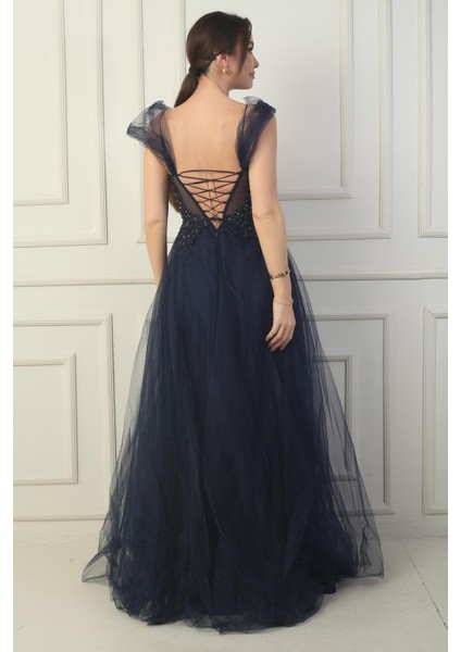 Kadın Ön Arka V Yaka Astarlı Düşük Kollu Üstü Aplike Işleme Prenses Abiye Elbise fırsatları