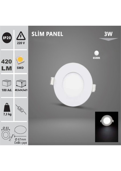 3W Tasarruflu LED Yuvarlak Beyaz Kasa Beyaz Işık Sıva Altı Slim Panel Tavan Armatürü-2 Adettir