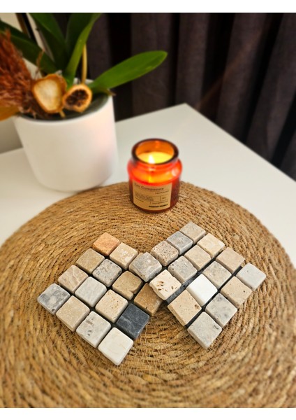 Mermer Nihale (Çaydanlık - Tencere Altlığı) ve 2 Adet Bardak Altlığı Set Büyük Mix Kare