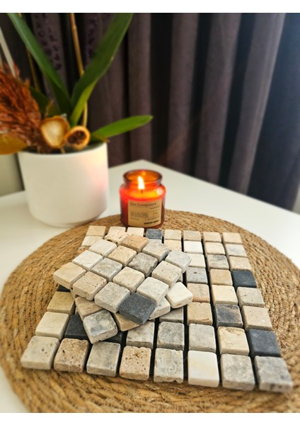 Mermer Nihale (Çaydanlık - Tencere Altlığı) ve 2 Adet Bardak Altlığı Set Büyük Mix Kare