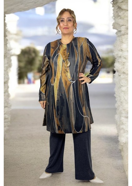 Bisiklet Yaka Yumoş Viskon Kumaş Tunik Beli Lastikli Viskon Pantolon Büyük Beden Alt Üst Takım fırsatları