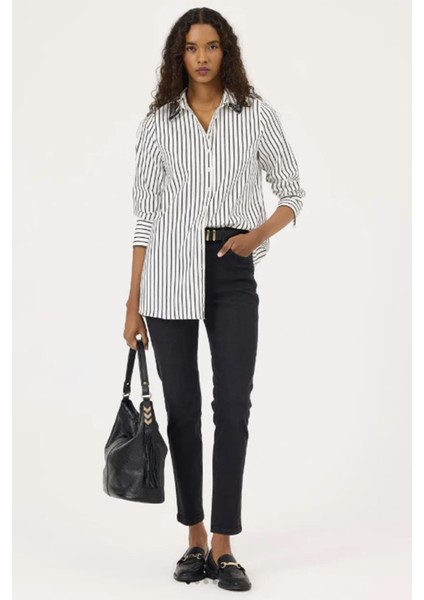 Kadın Boncuk Detaylı Çizgili Gömlek - Ekru