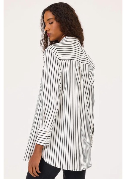 Kadın Boncuk Detaylı Çizgili Gömlek - Ekru fiyatları
