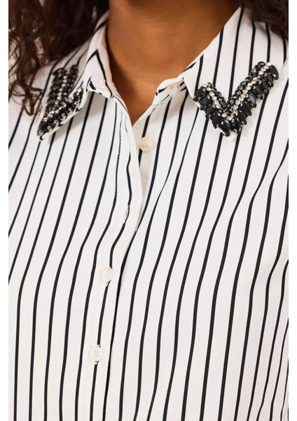 Kadın Boncuk Detaylı Çizgili Gömlek - Ekru modelleri