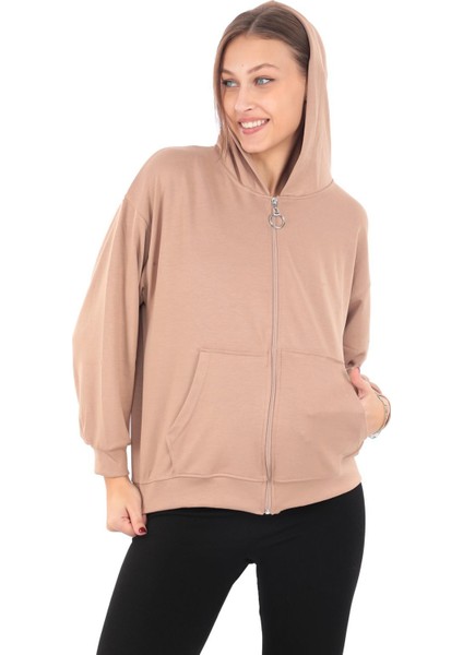 Kapüşonlu Fermuarlı Kadın Cepli Vizon Sweatshirt (PCST062)