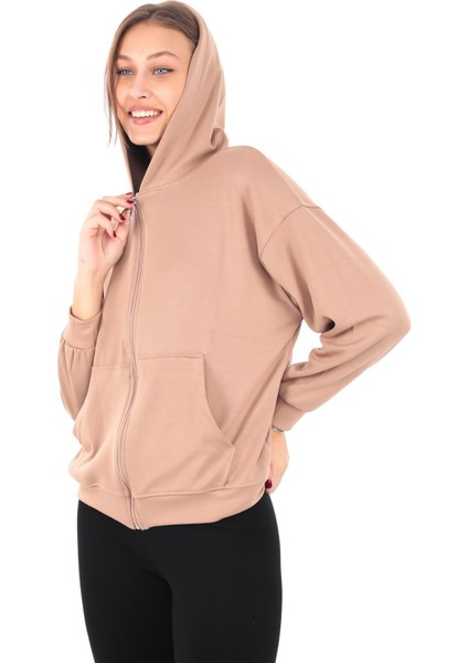 Kapüşonlu Fermuarlı Kadın Cepli Vizon Sweatshirt (PCST062)